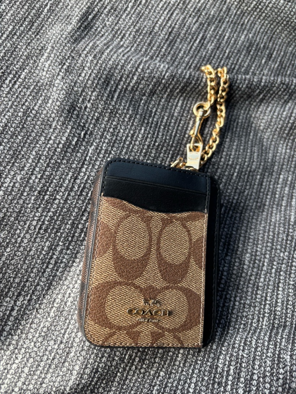 Coach Brown Signature Card Case with Gold Chain